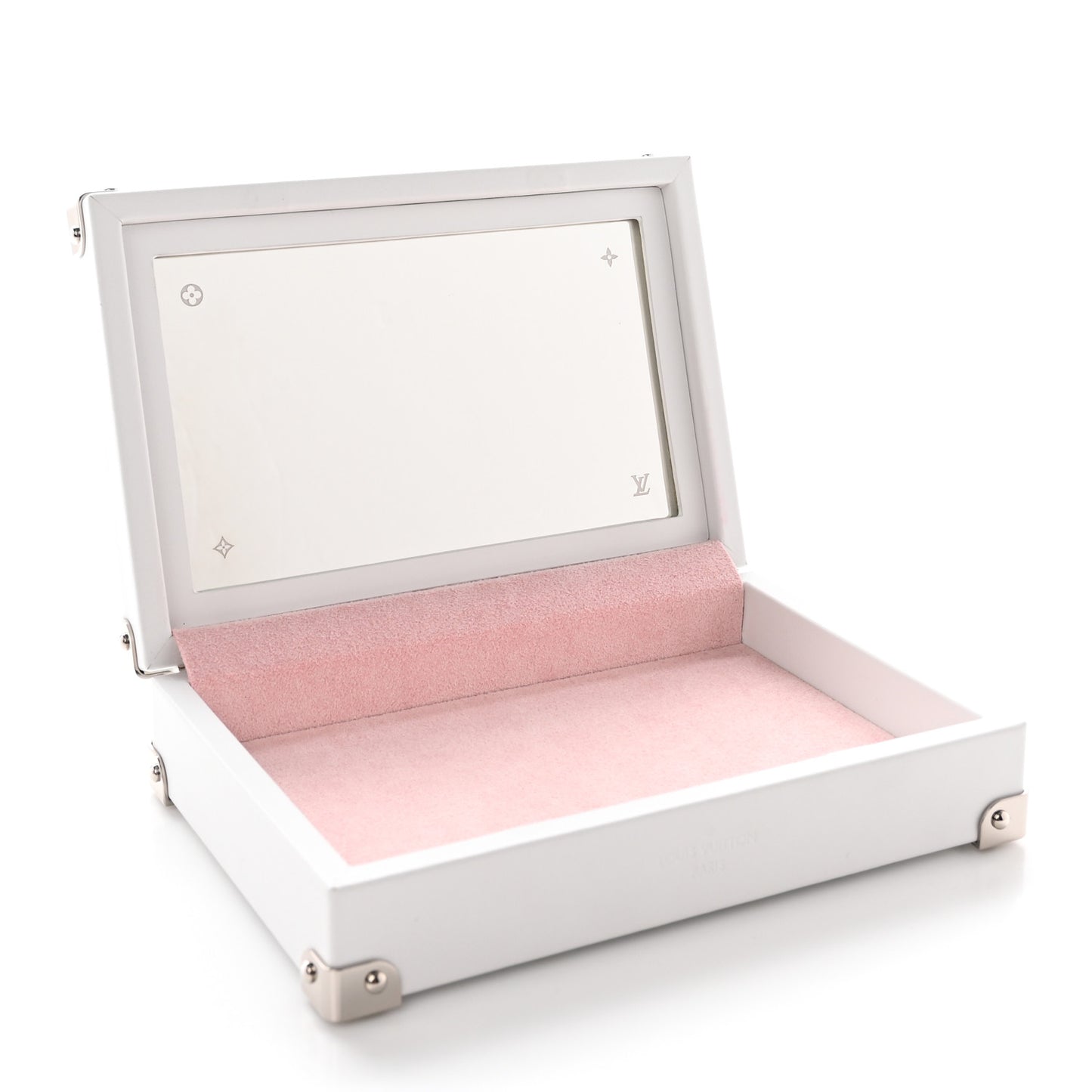 Calfskin Mirror Monogram Etched Jewelry Box Trunk White