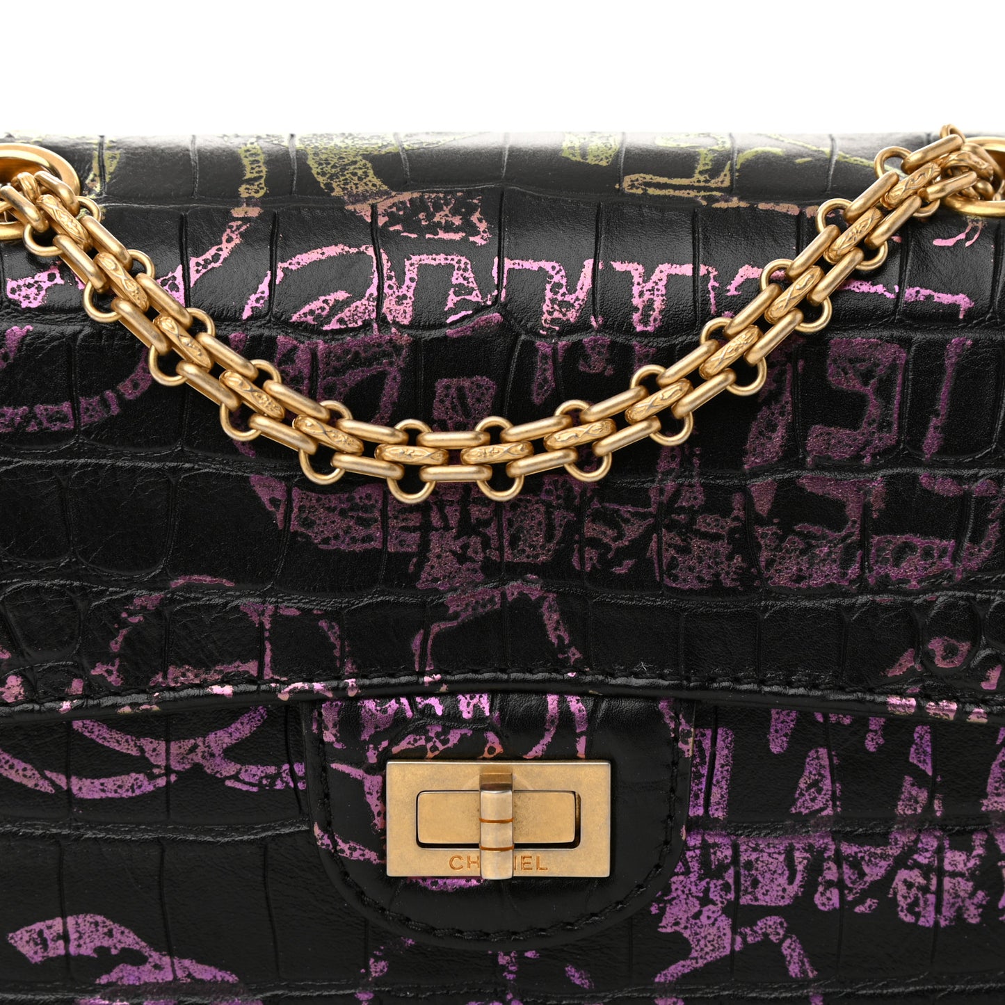 Calfskin Crocodile Embossed Graffiti 2.55 Mini Crocodile Reissue Flap Black Pink