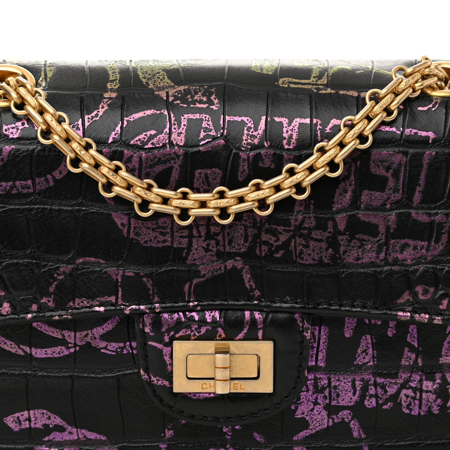 Chanel Calfskin Crocodile Embossed Graffiti 2.55 Mini Crocodile Reissue Flap Black Pink 7 of 10