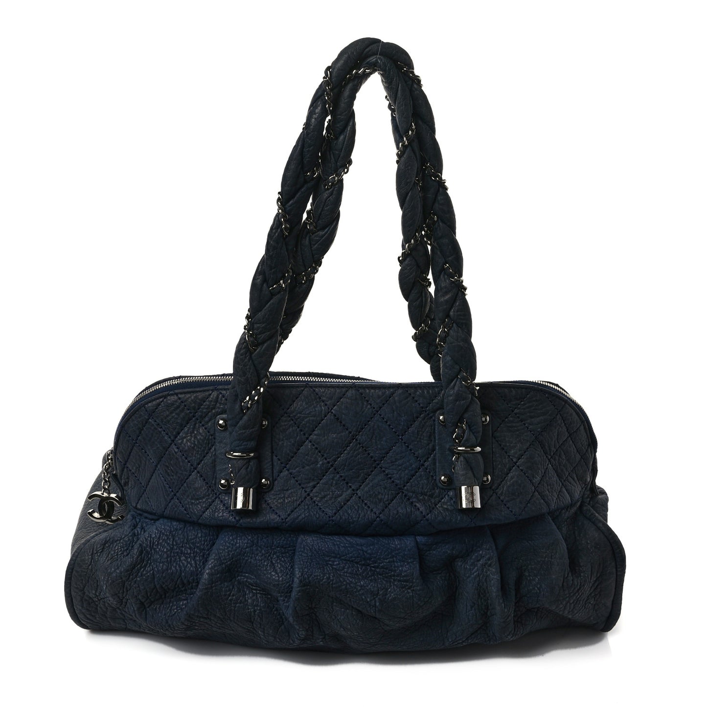 Distressed Lambskin Lady Braid Large Satchel Dark Blue