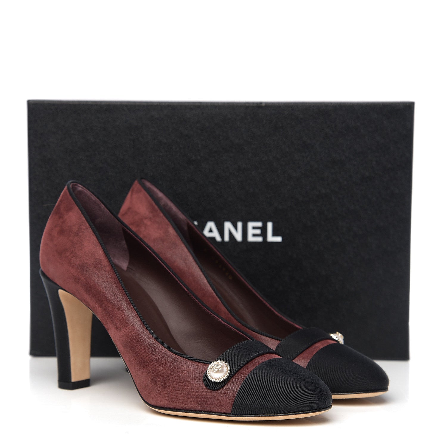 Chanel Glitter Calfskin Grosgrain Cap Toe Pearl Pumps 38.5 Burgundy Black 10 of 10
