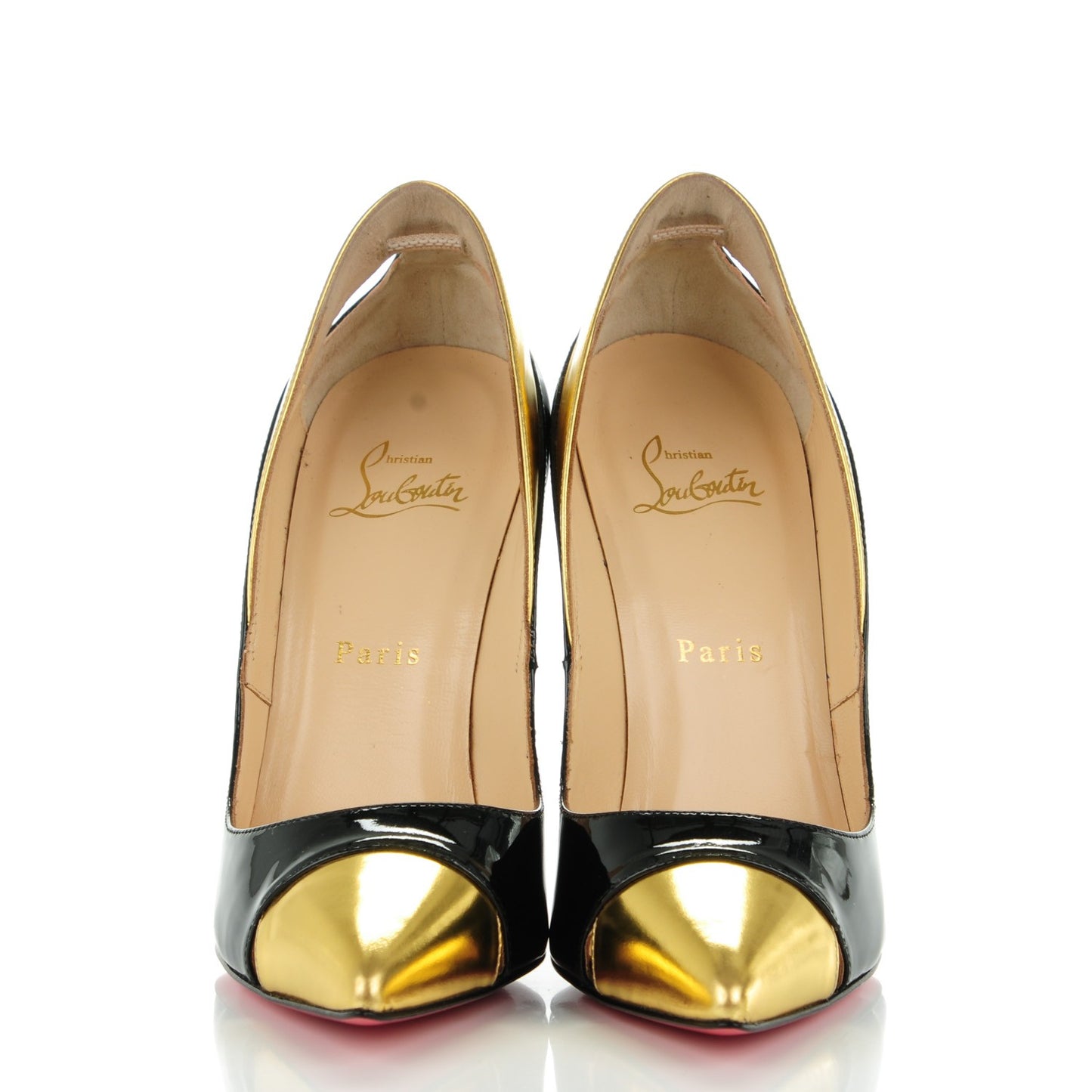 Patent Metallic Calfskin Duvette Cutout 120 Pumps 38 Black Gold