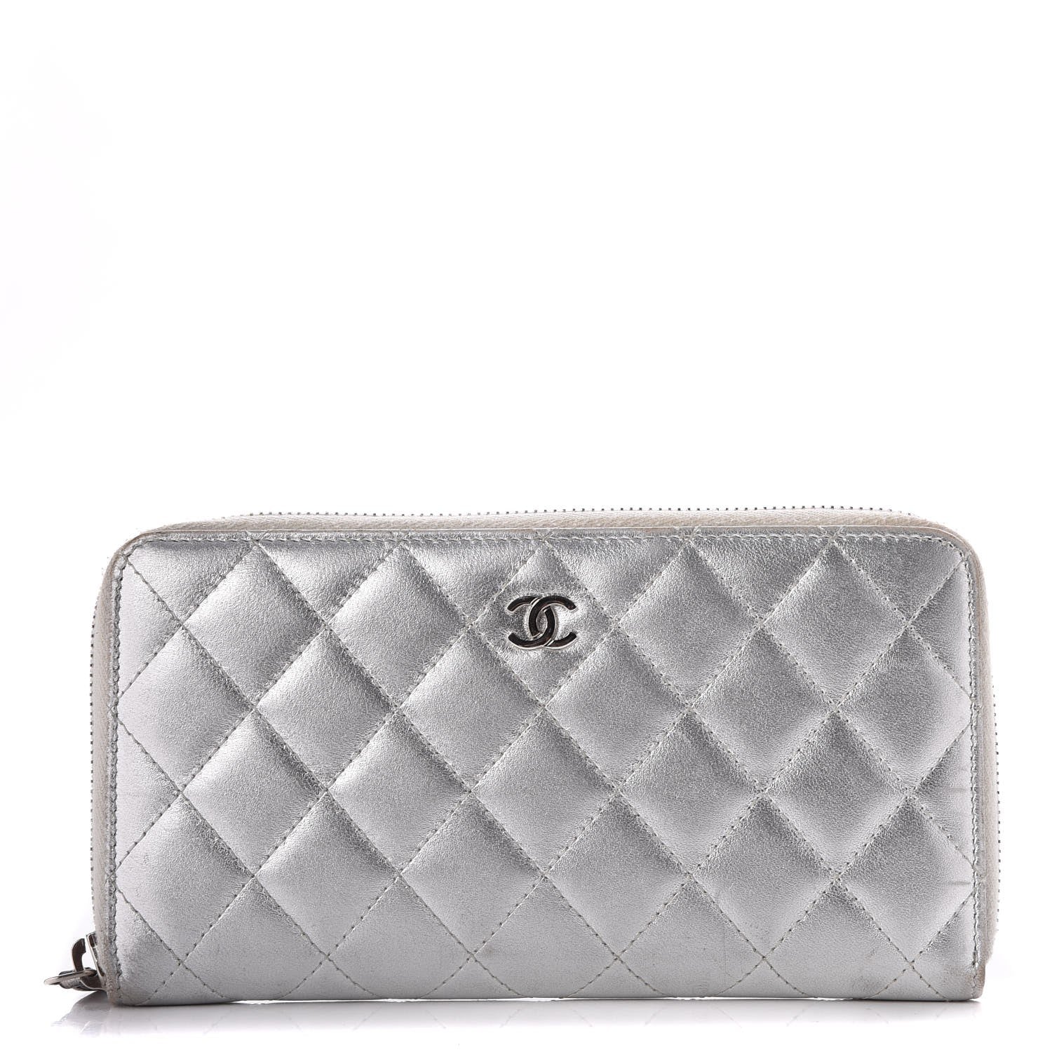 Chanel Metallic Lambskin Quilted Large Gusset Zip Around Wallet Silver 1 of 12