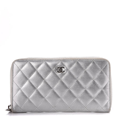 Chanel Metallic Lambskin Quilted Large Gusset Zip Around Wallet Silver 1 of 12