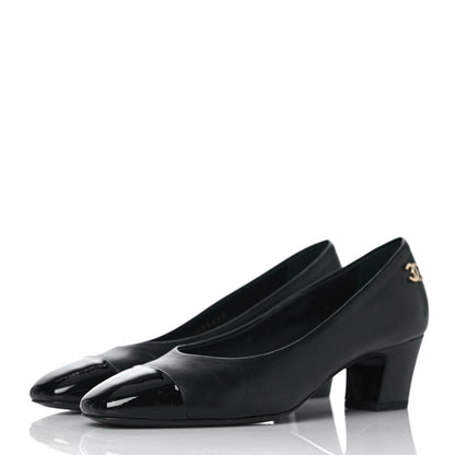 Chanel Lambskin Patent Calfskin Cap Toe CC Pumps 37 Black 3 of 8