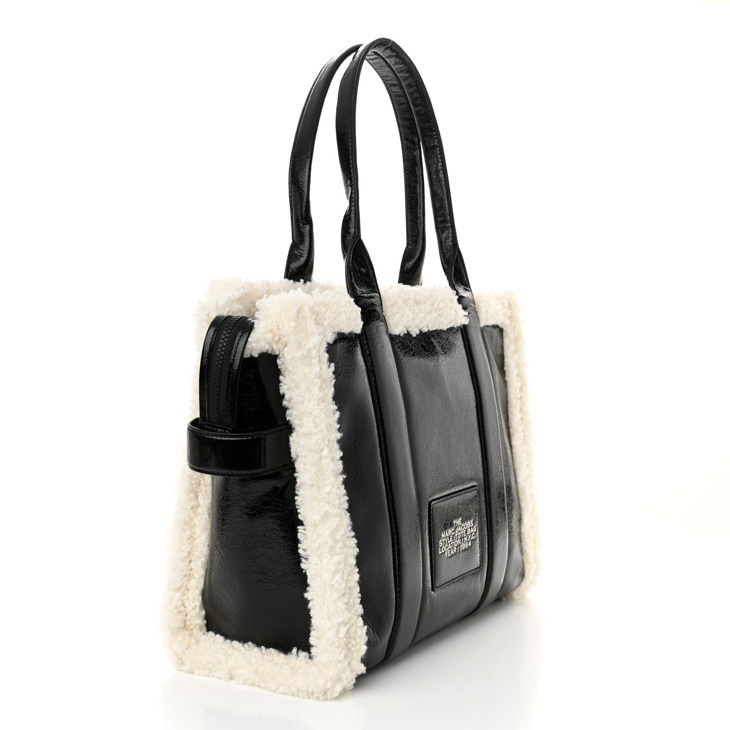 Marc Jacobs Shiny Calfskin Faux Shearling Large The Traveler Tote Bag Black 3 of 12