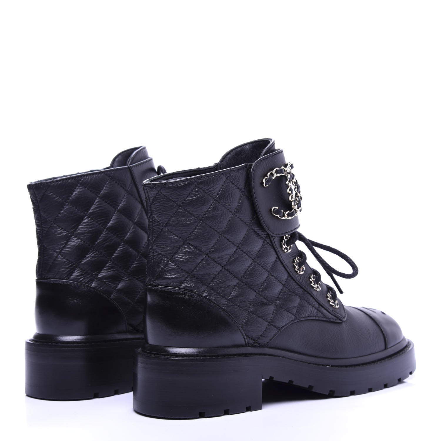 Chanel Shiny Goatskin Calfskin Quilted Lace Up Combat Boots 35.5 Black 4 of 10