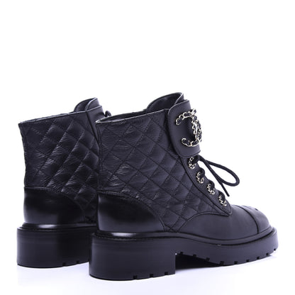 Chanel Shiny Goatskin Calfskin Quilted Lace Up Combat Boots 35.5 Black 4 of 10