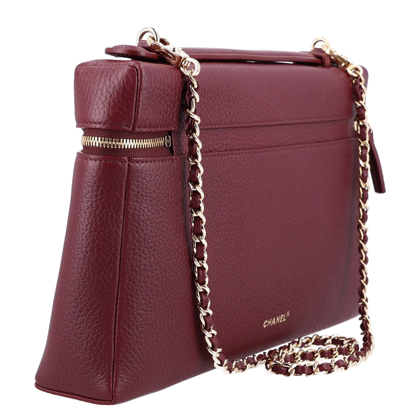 Grained Calfskin Large Supple Trapeze Vanity Case With Chain Dark Burgundy
