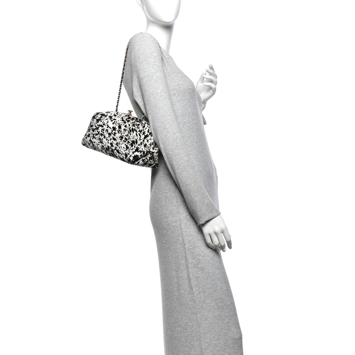 Lambskin Pony Hair Printed Clutch With Chain Black White
