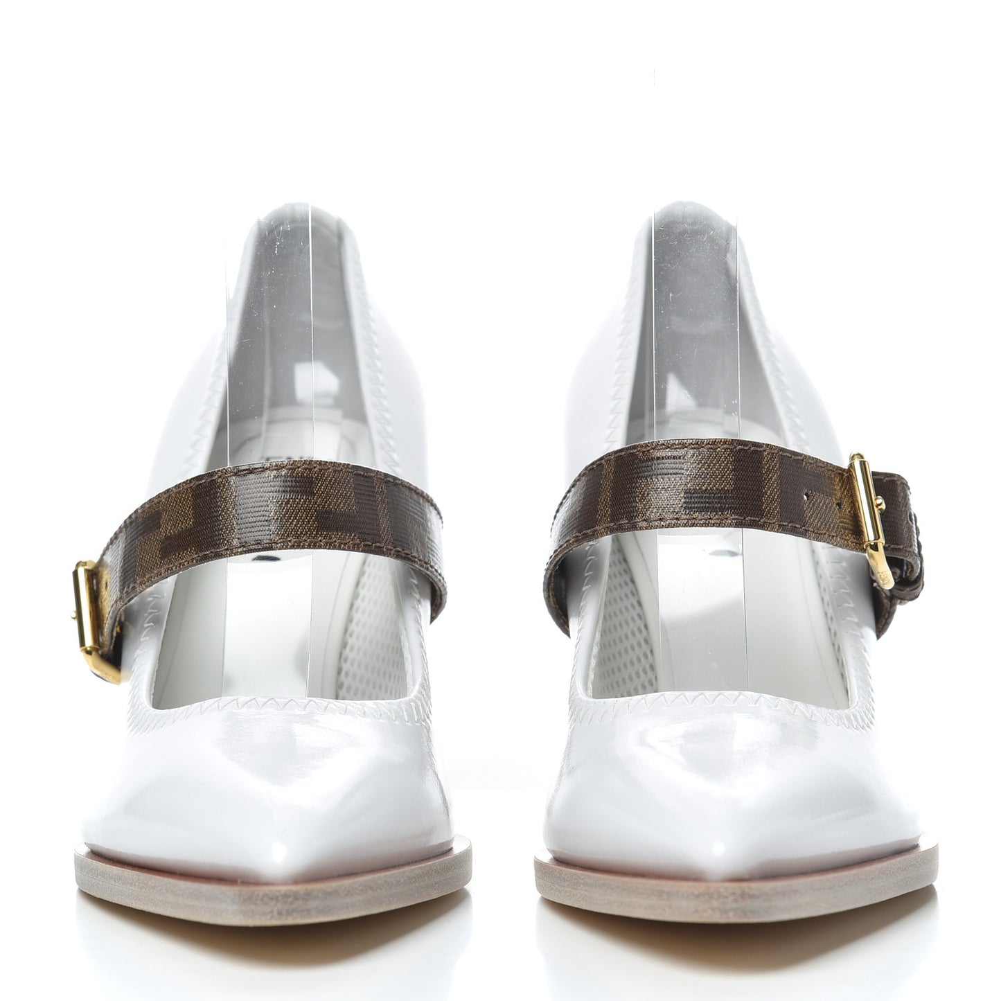 Glossy Neoprene Glazed Fabric FF FFrame Court Mary Jane Pumps 37.5 White Tobacco Moro