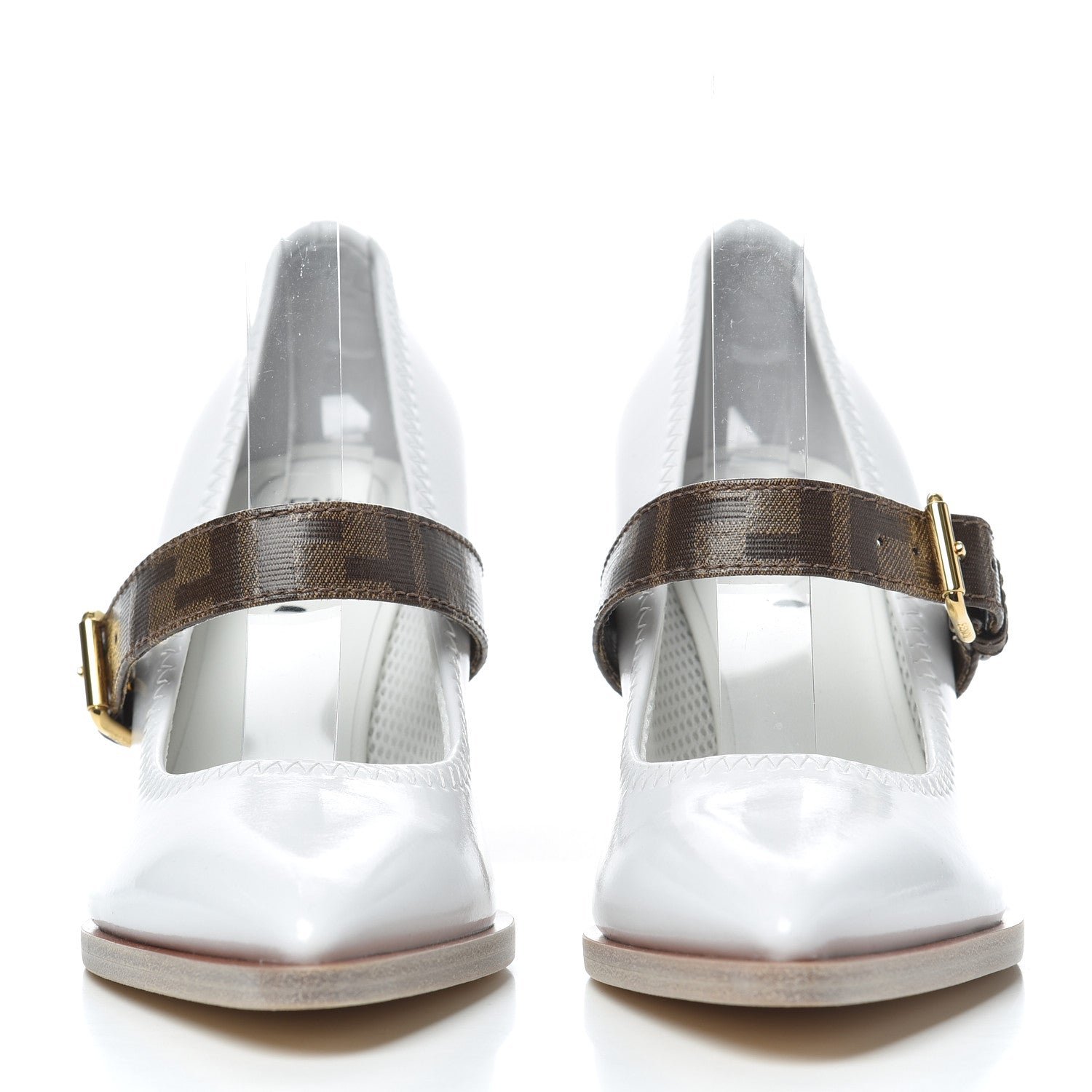 Fendi Glossy Neoprene Glazed Fabric FF FFrame Court Mary Jane Pumps 37.5 White Tobacco Moro 2 of 8