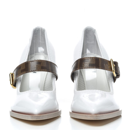 Fendi Glossy Neoprene Glazed Fabric FF FFrame Court Mary Jane Pumps 37.5 White Tobacco Moro 2 of 8