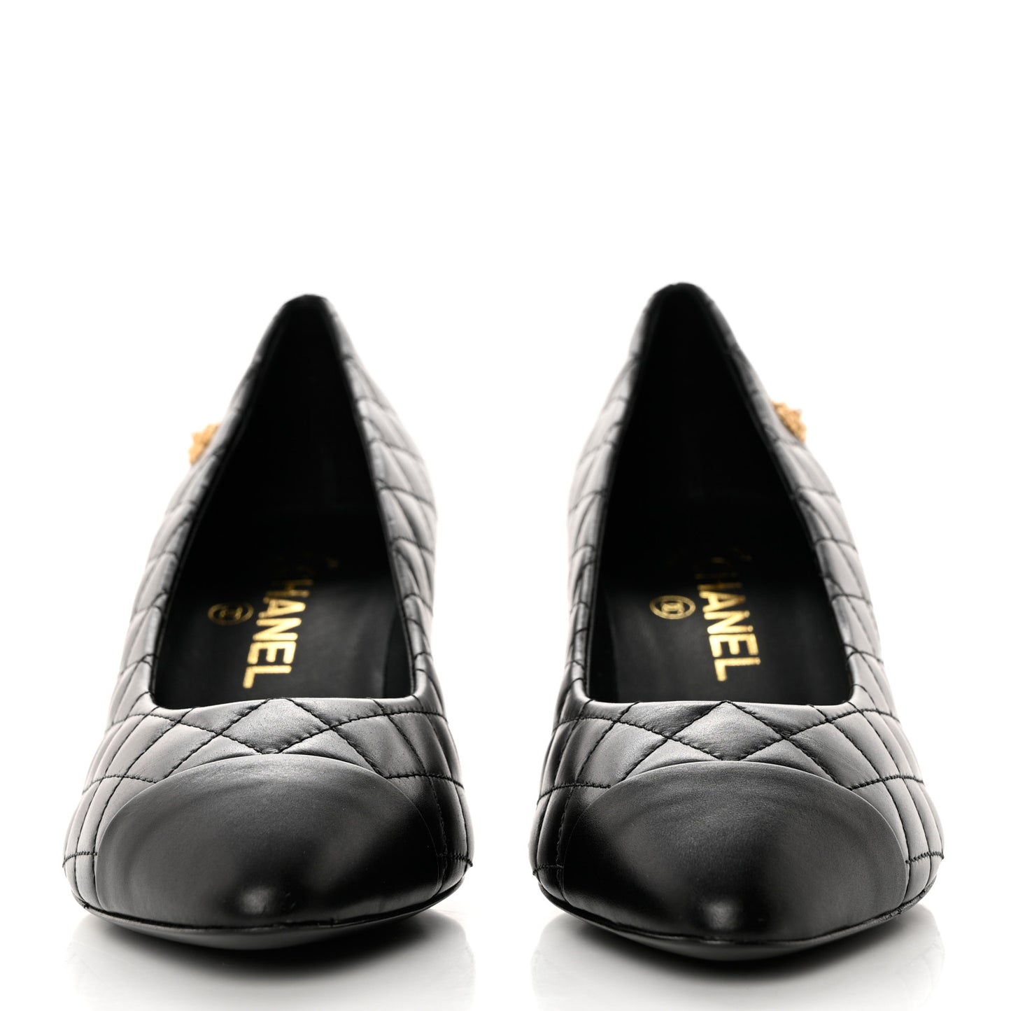 Calfskin Quilted Cap Toe Camellia Pumps 37 Black
