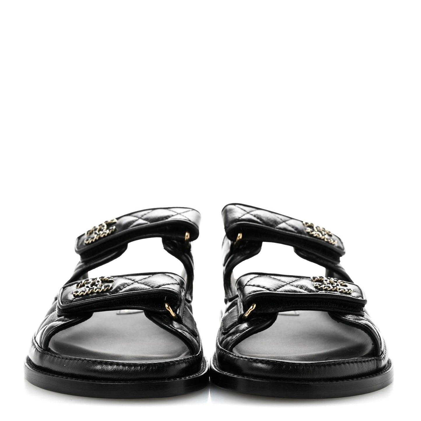 Lambskin Quilted Velcro Dad Chain CC Slide Sandals 37 Black