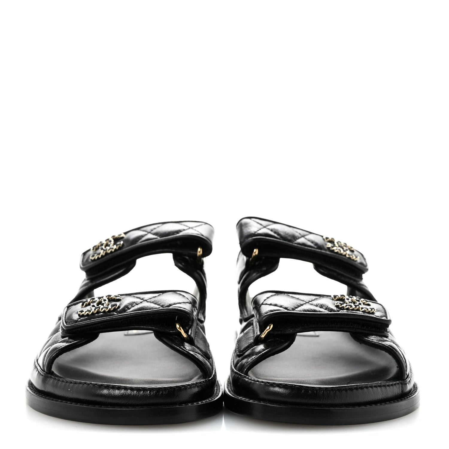 Chanel Lambskin Quilted Velcro Dad Chain CC Slide Sandals 37 Black 3 of 9