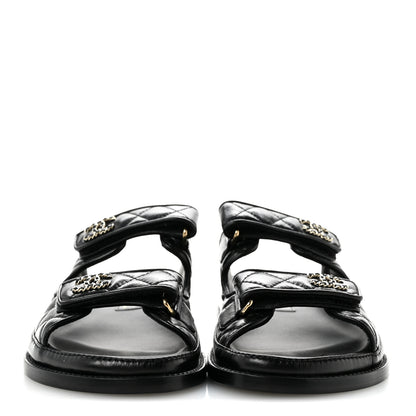 Chanel Lambskin Quilted Velcro Dad Chain CC Slide Sandals 37 Black 3 of 9