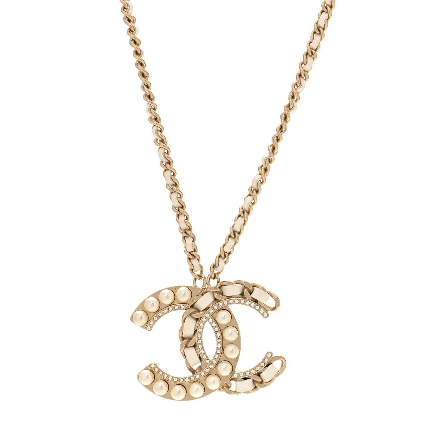 Pearl Crystal Lambskin Chain CC Necklace White Gold