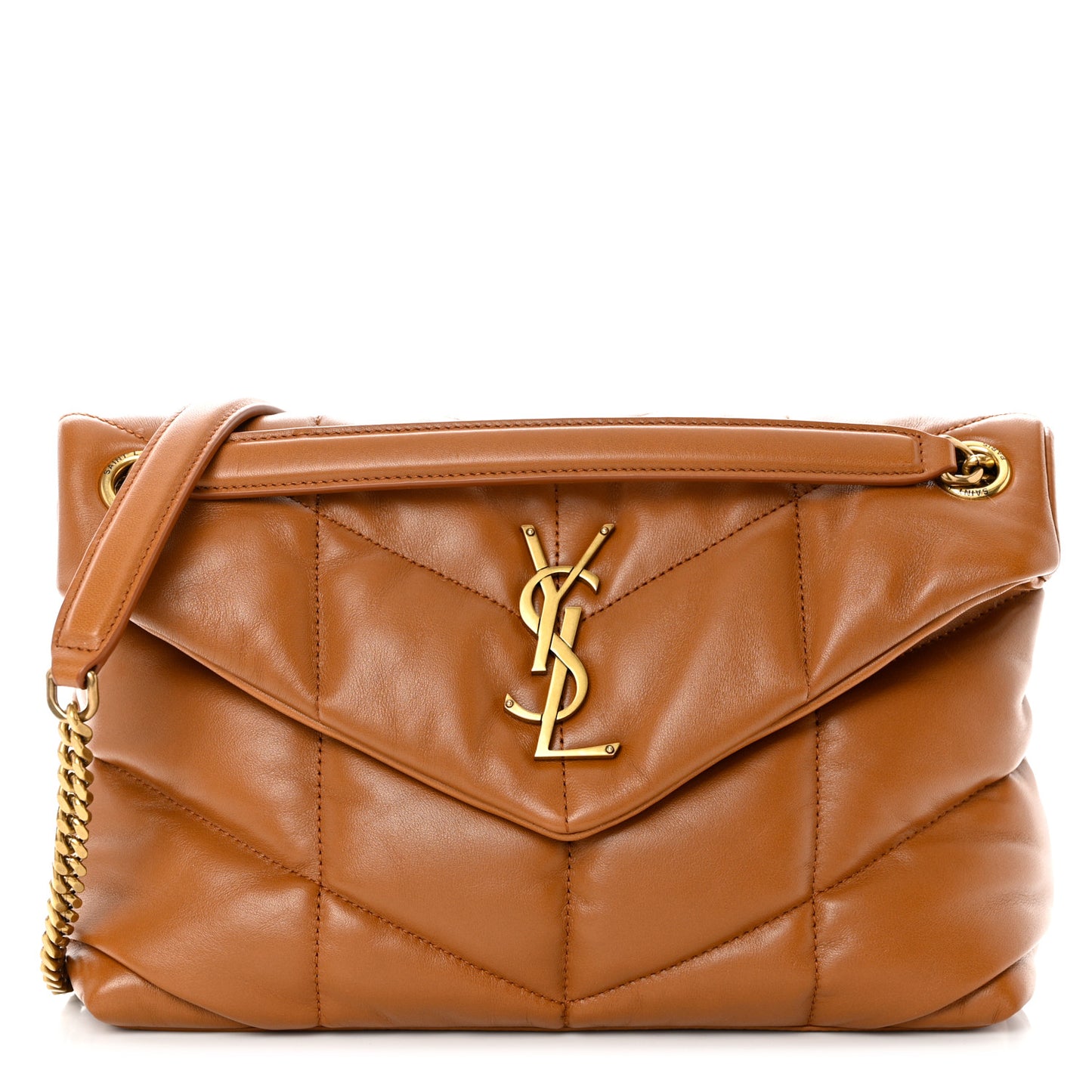 Lambskin Quilted Small Loulou Puffer Monogram Chain Satchel Dark Honey