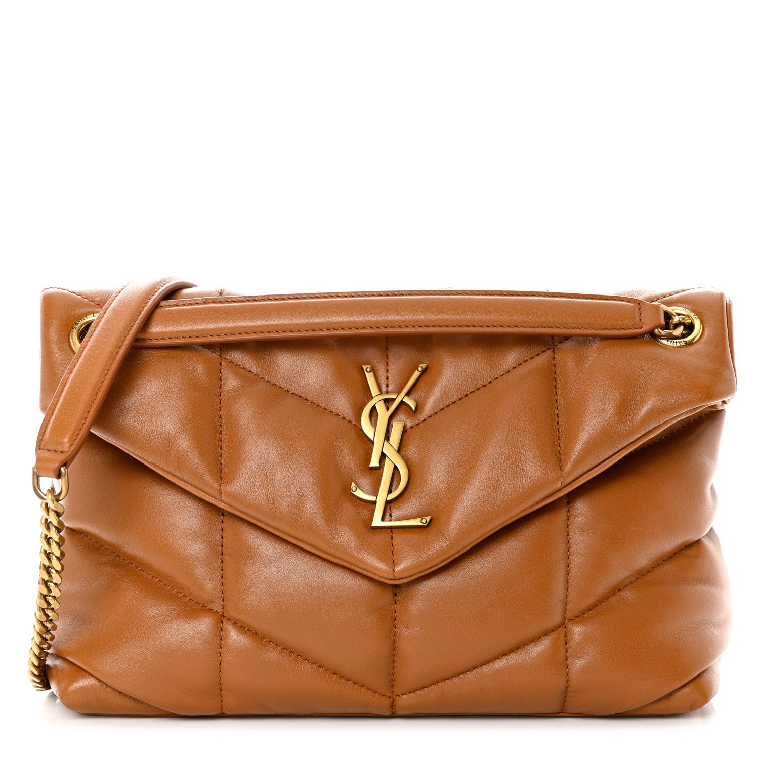Saint Laurent Lambskin Quilted Small Loulou Puffer Monogram Chain Satchel Dark Honey 1 of 9