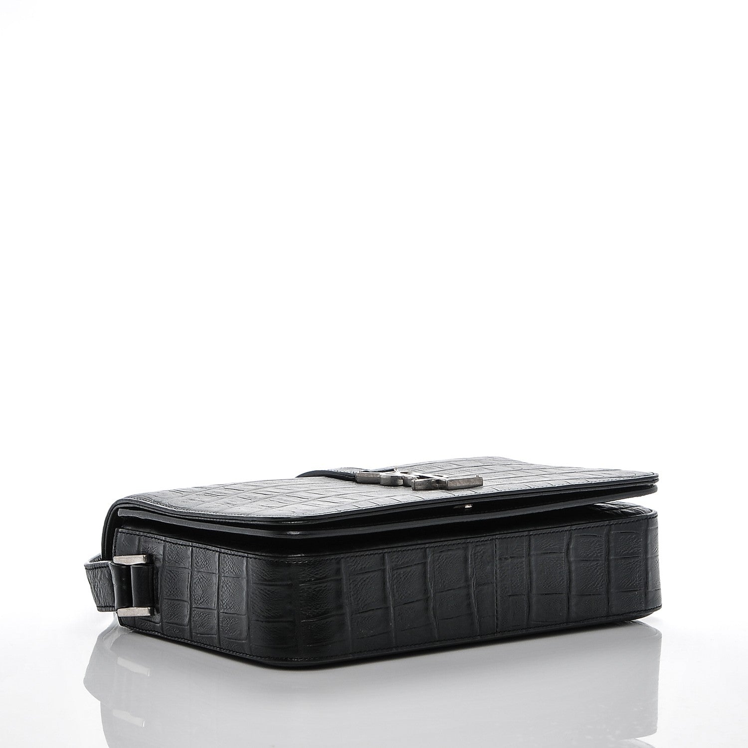 Saint Laurent Calfskin Crocodile Embossed Medium Monogram Universite Bag Black 4 of 7
