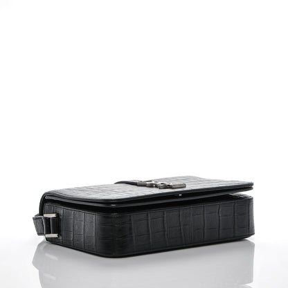 Saint Laurent Calfskin Crocodile Embossed Medium Monogram Universite Bag Black 4 of 7