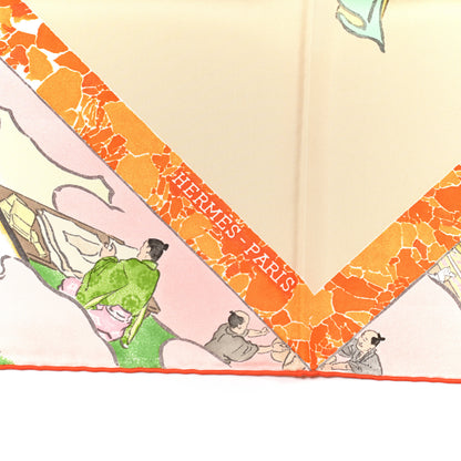 Hermes Silk Les Artisans D'Hermes Scarf 90 Beige Orange Vert 4 of 6
