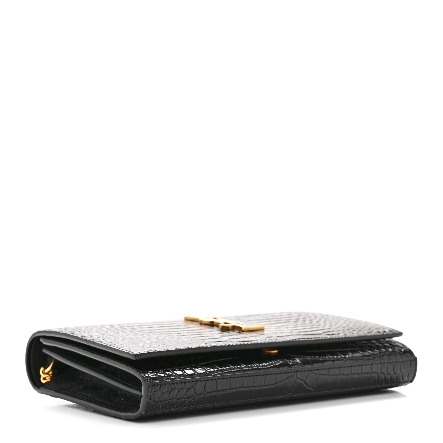 Saint Laurent Calfskin Crocodile Embossed Cassandre Wallet On Chain WOC Black 4 of 13