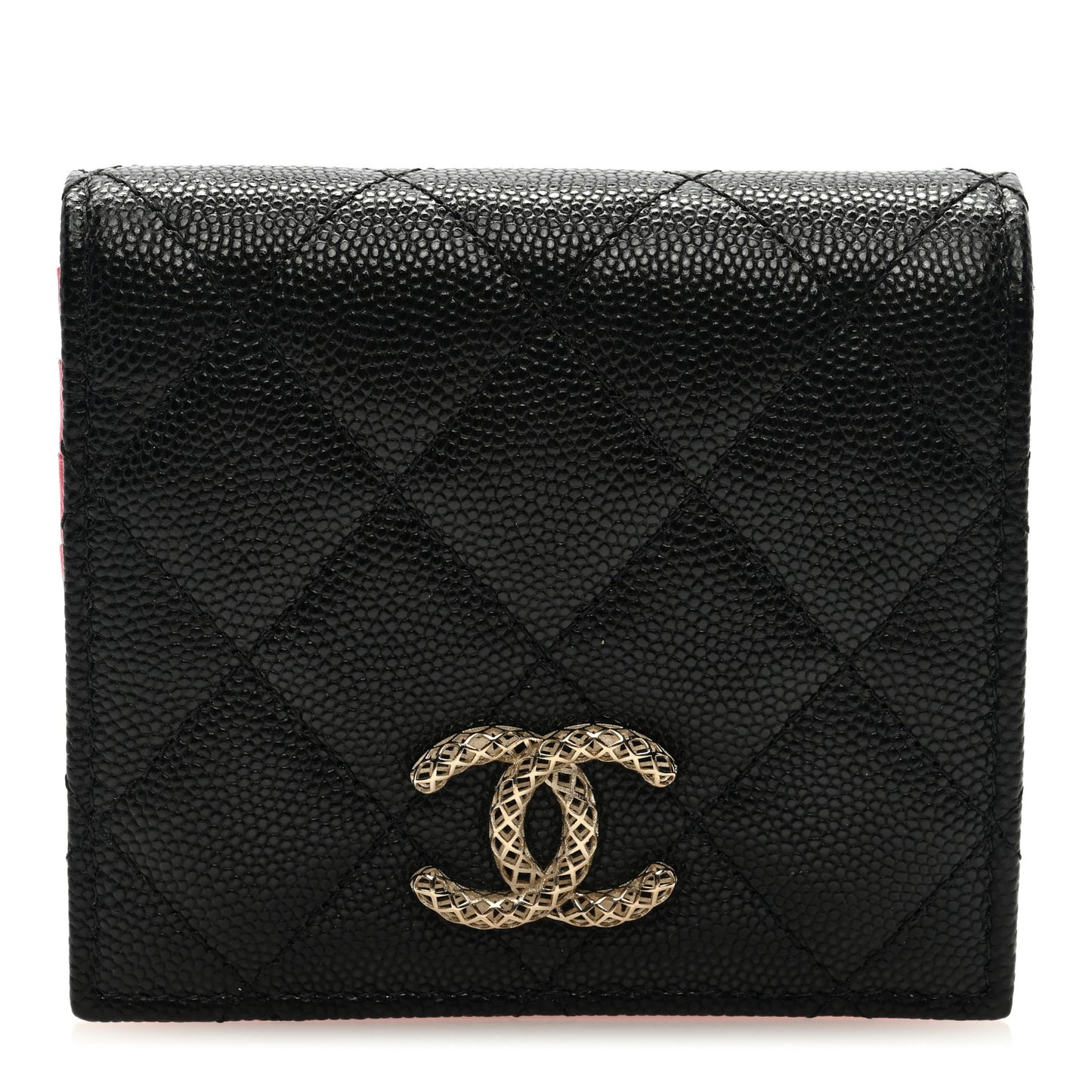 Caviar Metal Perforated Quilted Compact Bifold Wallet Black