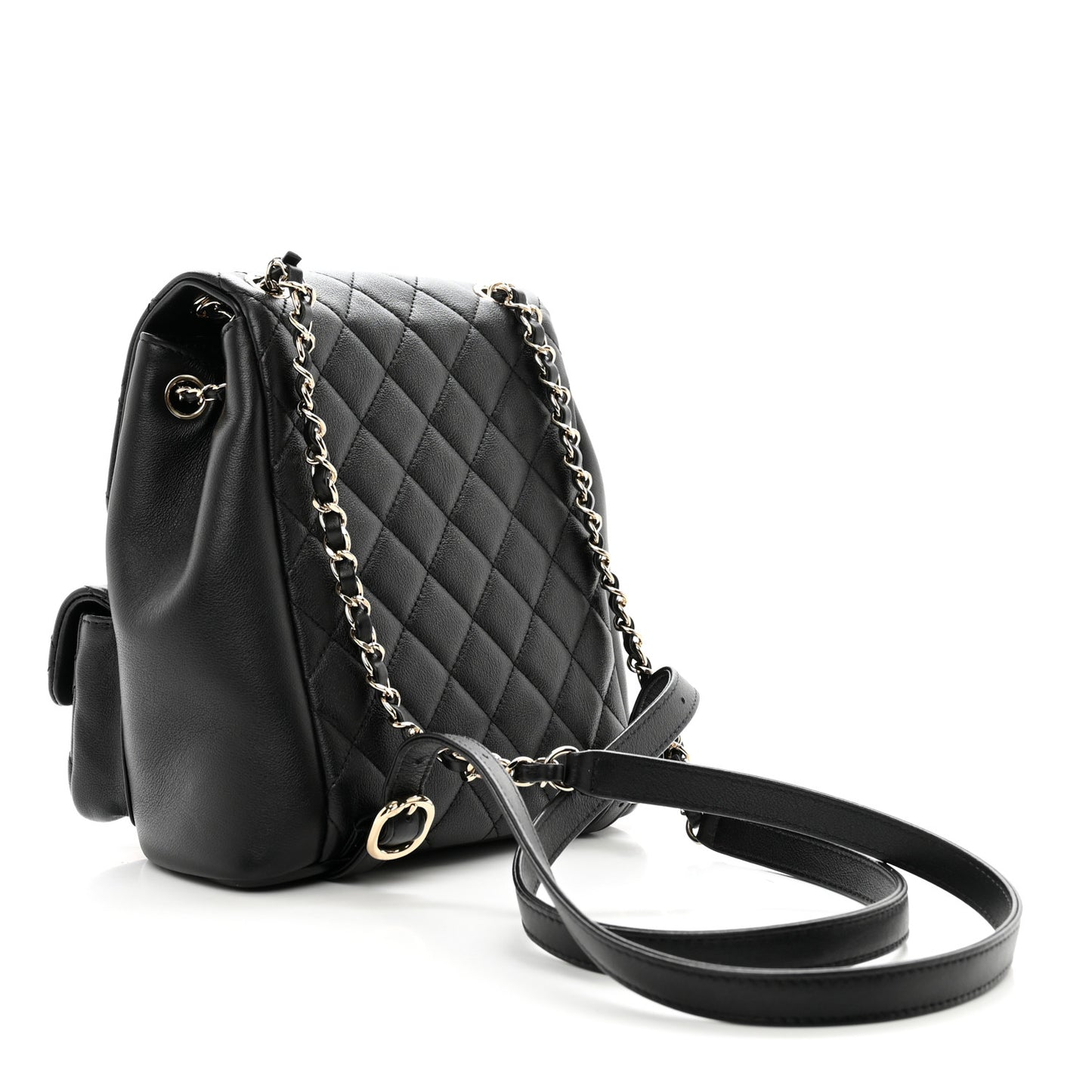 Calfskin Quilted Medium Duma Pockets Drawstring Backpack Black