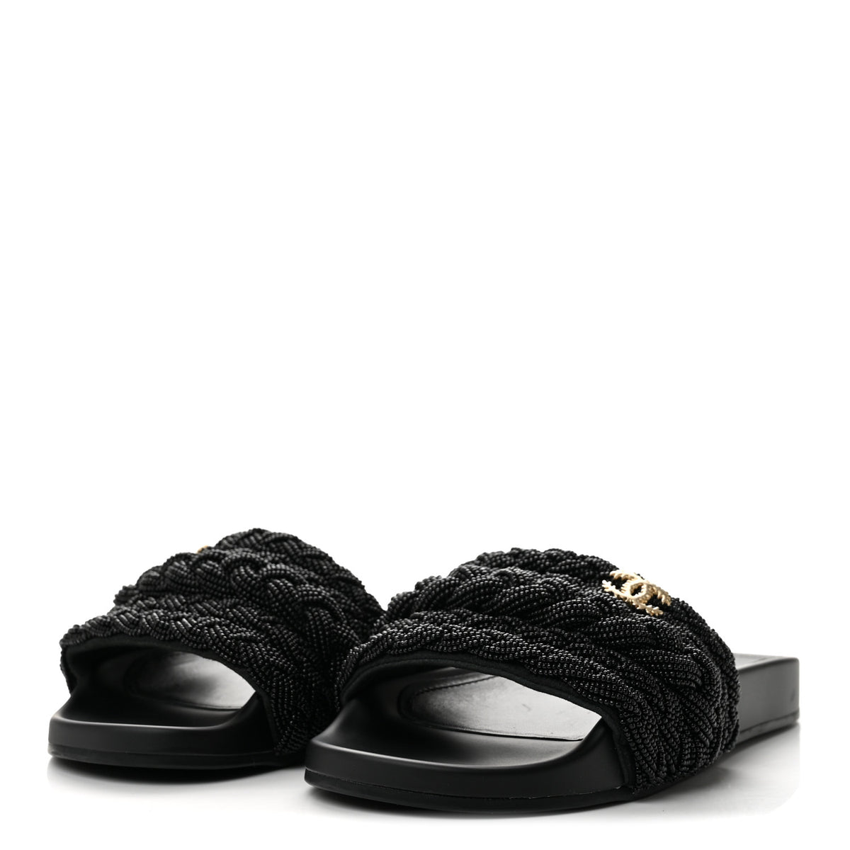 Chanel Lambskin Pearl Beaded Woven Slides 38 Black 4 of 10
