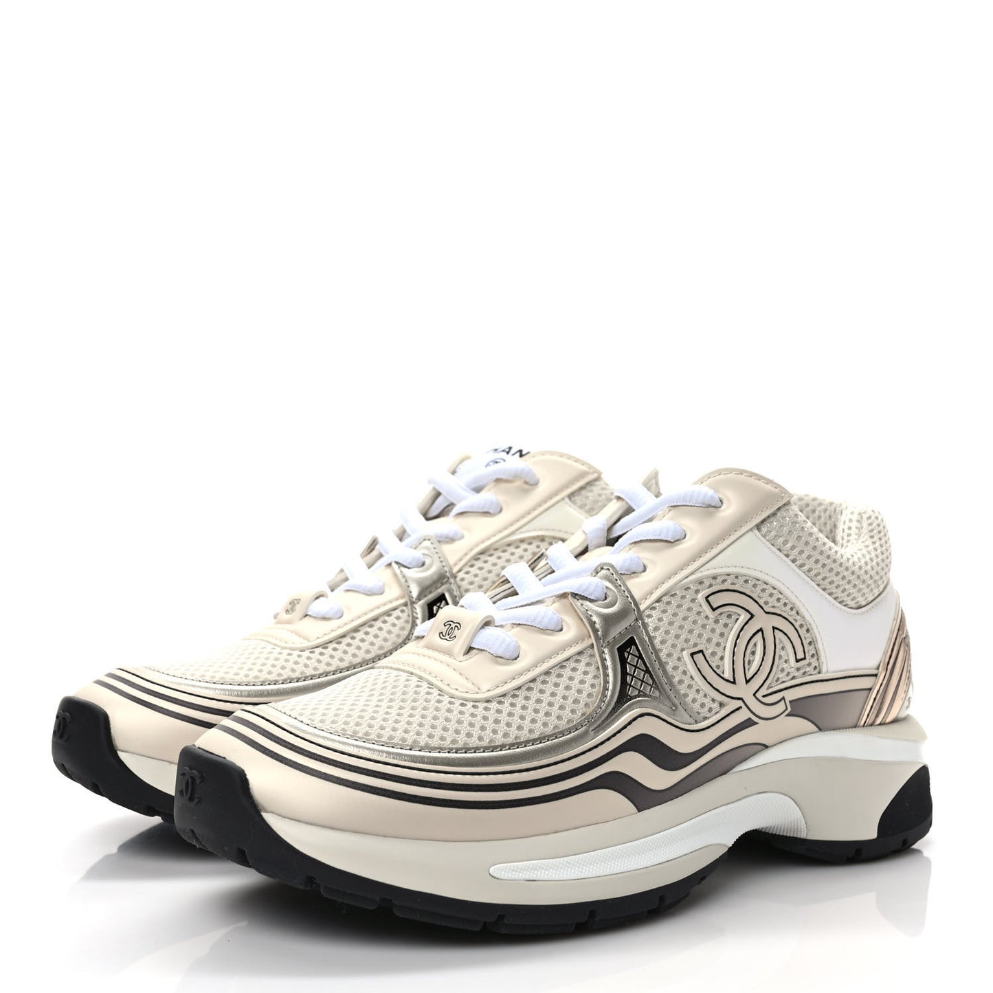 Fabric Laminated Calfskin Stretch CC Womens Sneakers 37 White Gold Silver