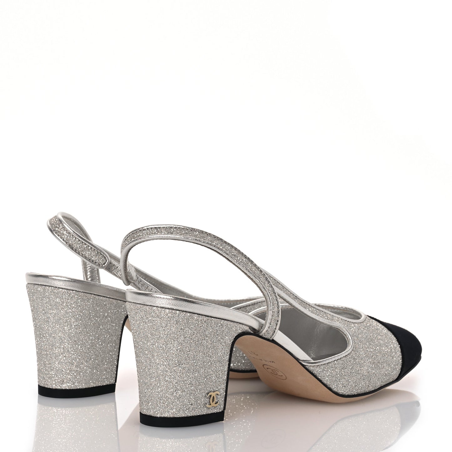 Glitter Grosgrain Cap Toe CC Slingback Pumps 37 Silver Black