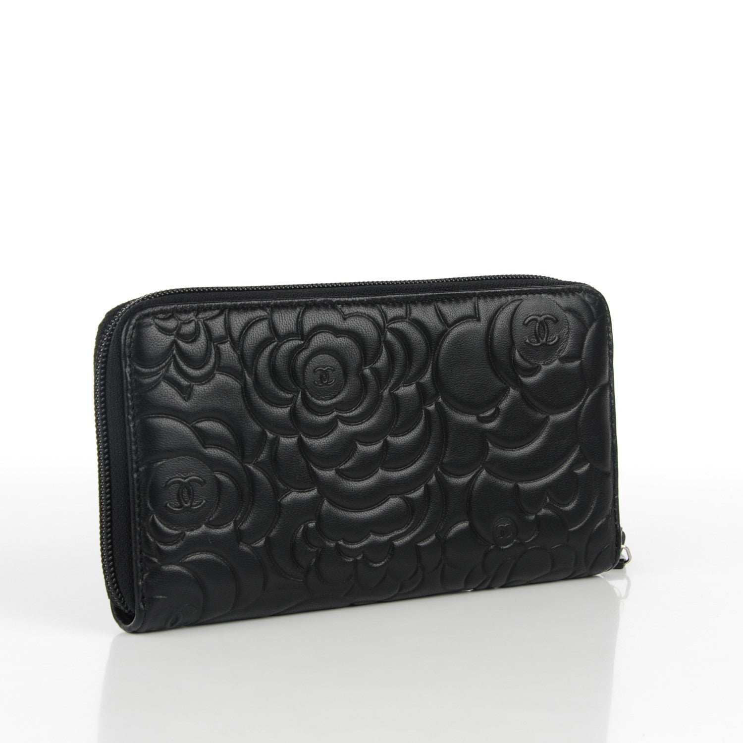 Chanel Lambskin Camellia Embossed Large Zip Around Gusset Wallet Black 3 of 8