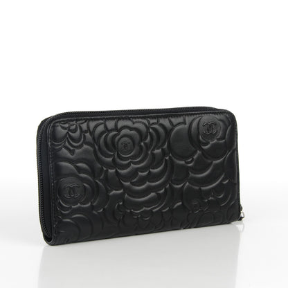 Chanel Lambskin Camellia Embossed Large Zip Around Gusset Wallet Black 3 of 8