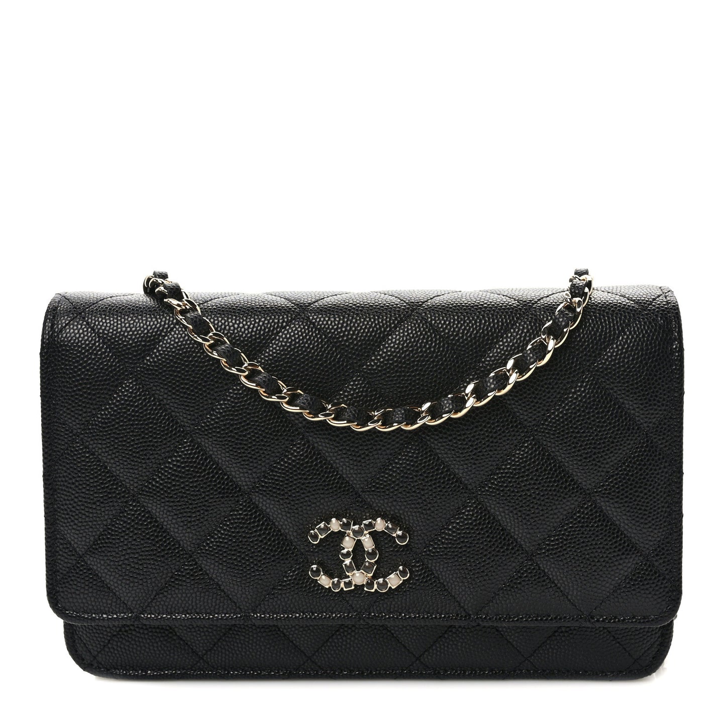 Shiny Caviar Enamel Quilted CC Wallet On Chain WOC Black