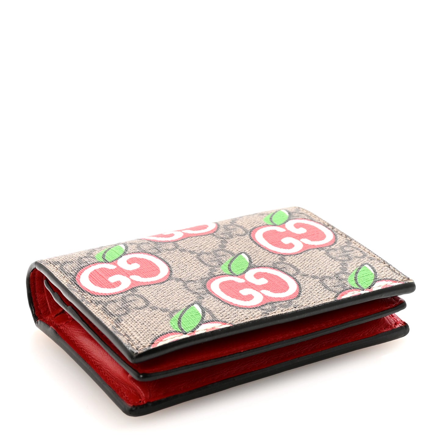 GG Supreme Monogram Apple Card Case Wallet Beige Multicolor Lobster Red