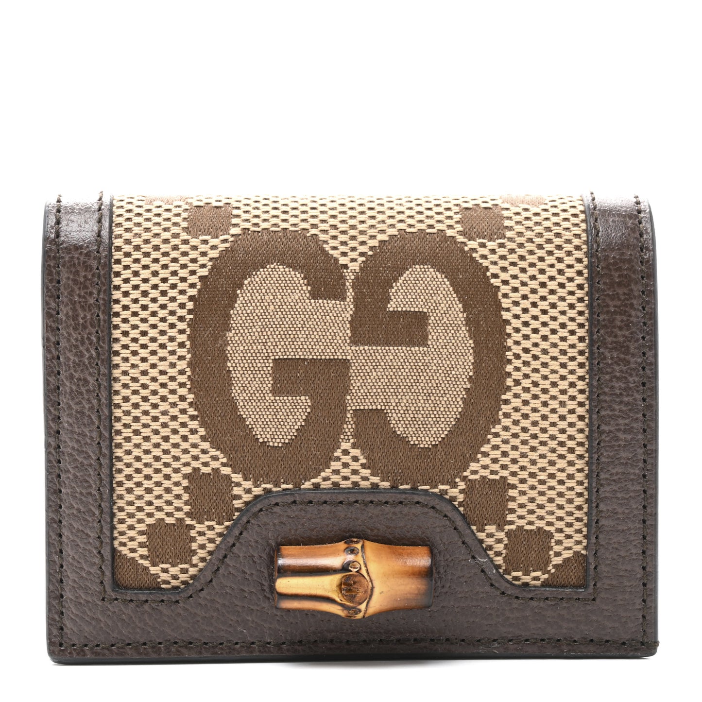 Monogram Jumbo GG Textured Dollar Calfskin Diana Card Case Wallet Camel Ebony New Acero