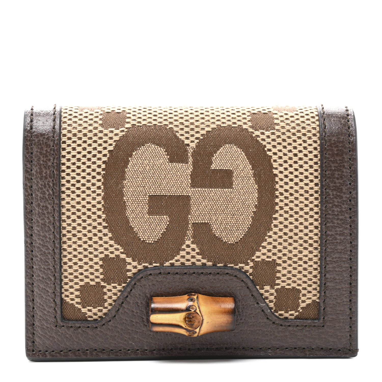 Gucci Monogram Jumbo GG Textured Dollar Calfskin Diana Card Case Wallet Camel Ebony New Acero 1 of 9