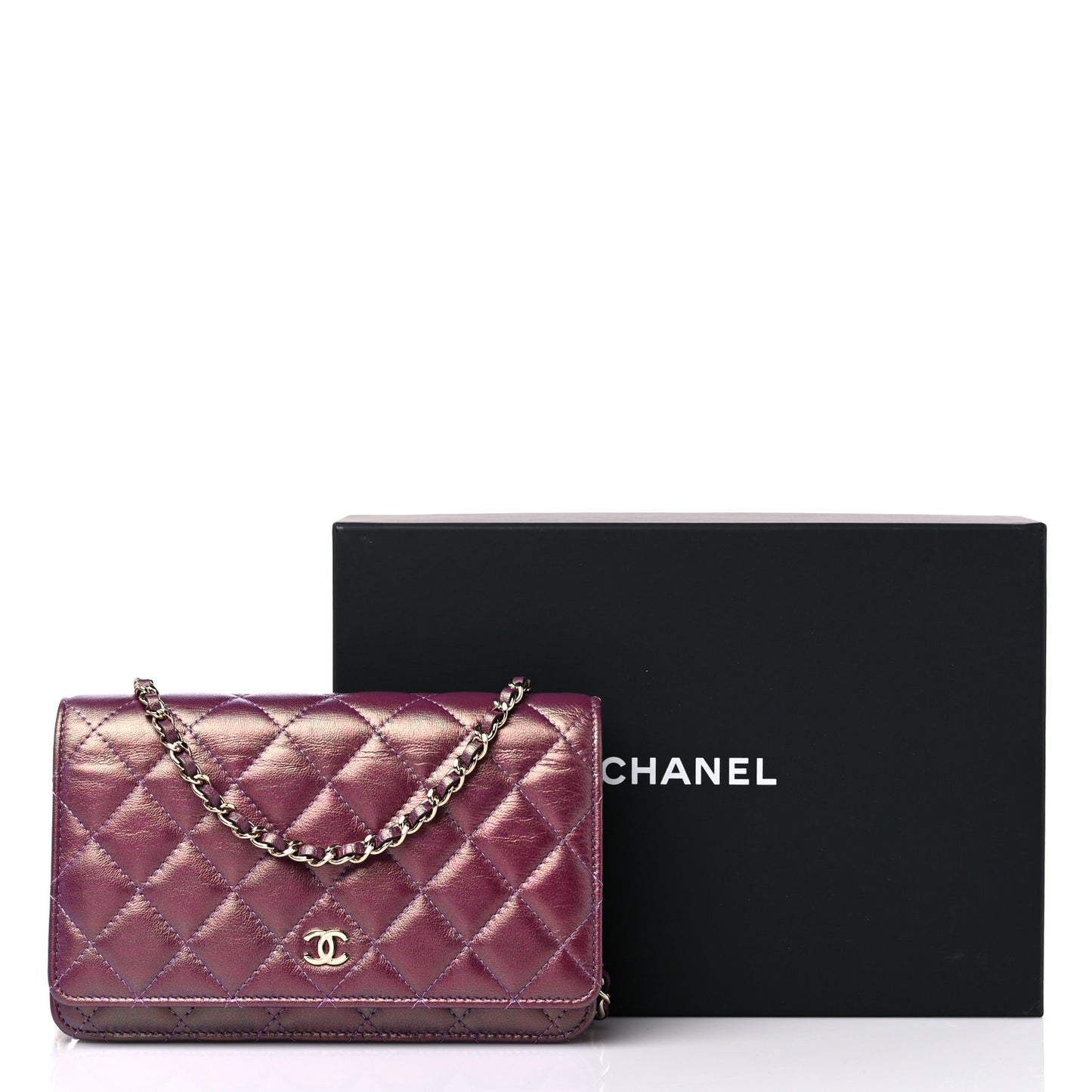 Iridescent Lambskin Quilted Wallet On Chain WOC Purple