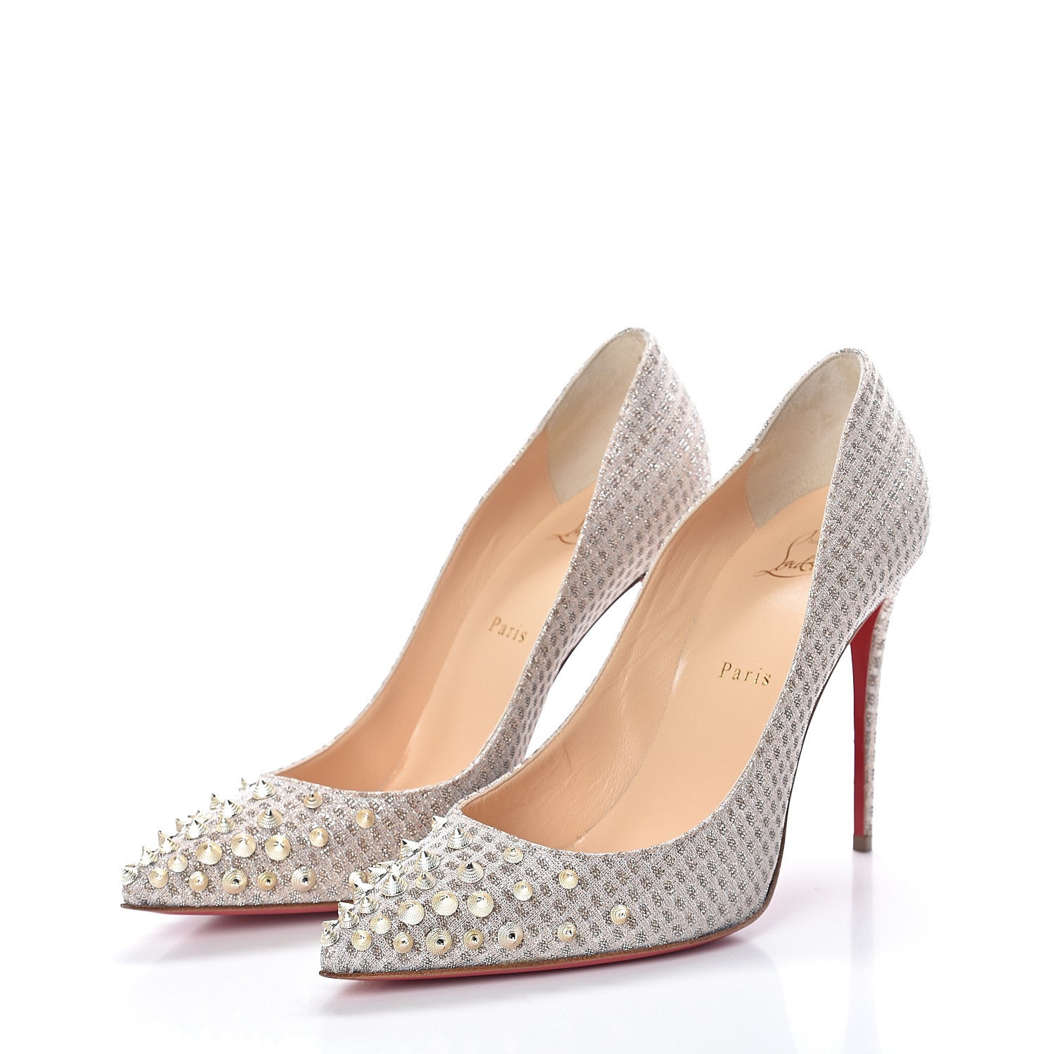 Christian Louboutin Metallic Lurex Spikyshell 100 Pumps 40.5 Nude White Gold 3 of 7