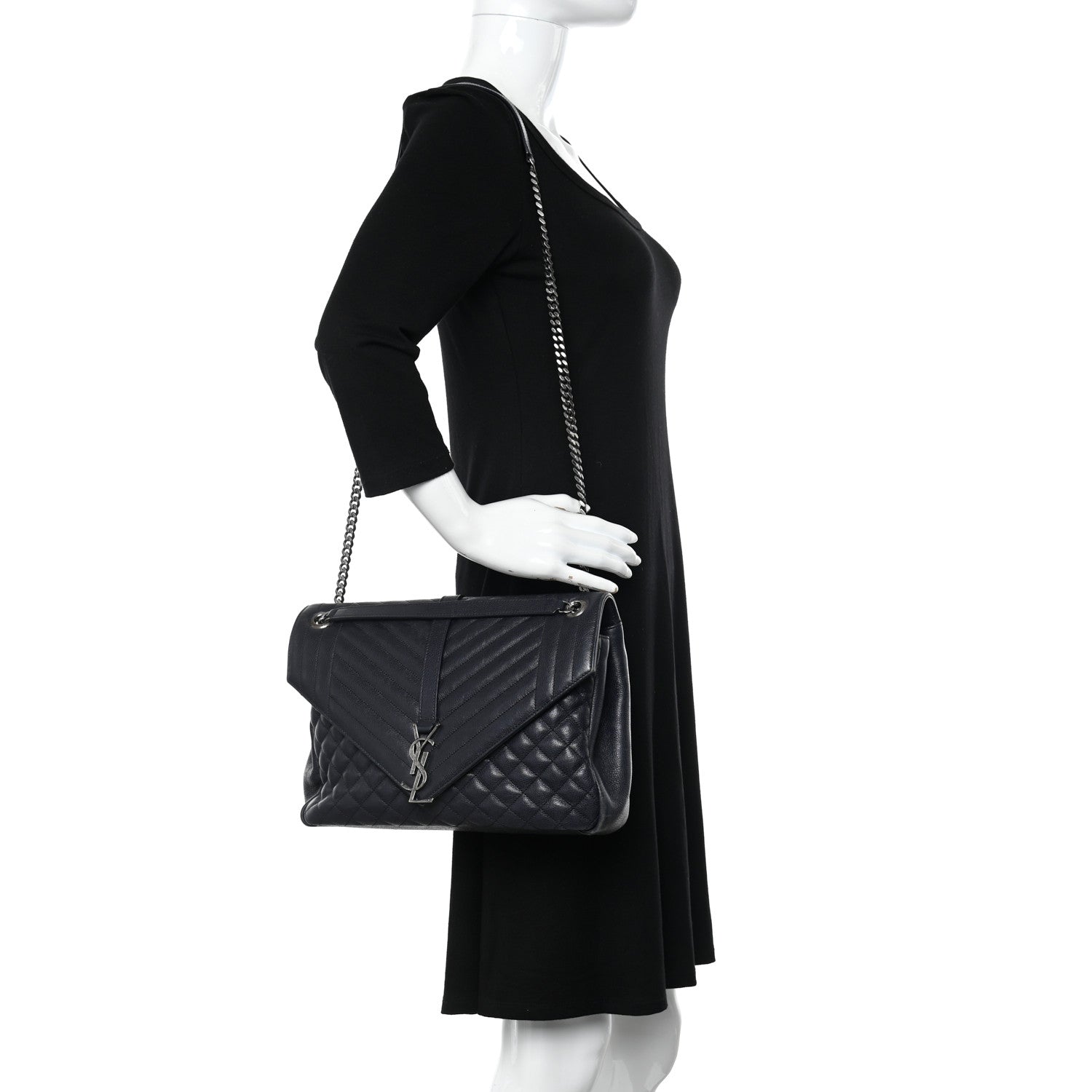 Saint Laurent SAINT LAURENT Calfskin Mixed Matelasse Triquilt Large Monogram Envelope Satchel Deep Marine 2 of 19