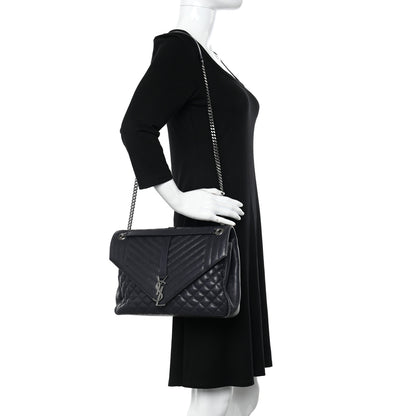 Saint Laurent SAINT LAURENT Calfskin Mixed Matelasse Triquilt Large Monogram Envelope Satchel Deep Marine 2 of 19