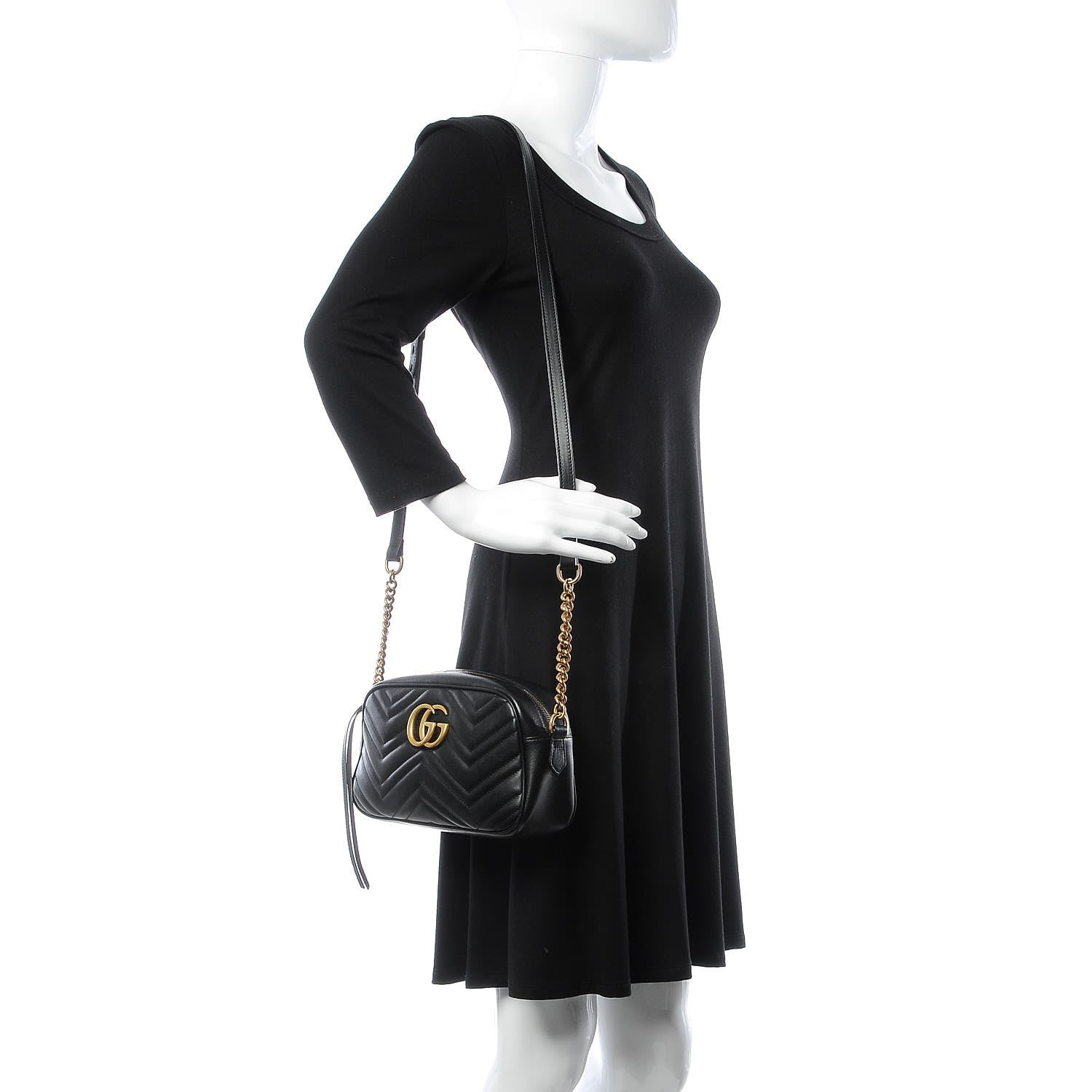 Gucci Calfskin Matelasse Small GG Marmont Chain Shoulder Bag Black 2 of 8