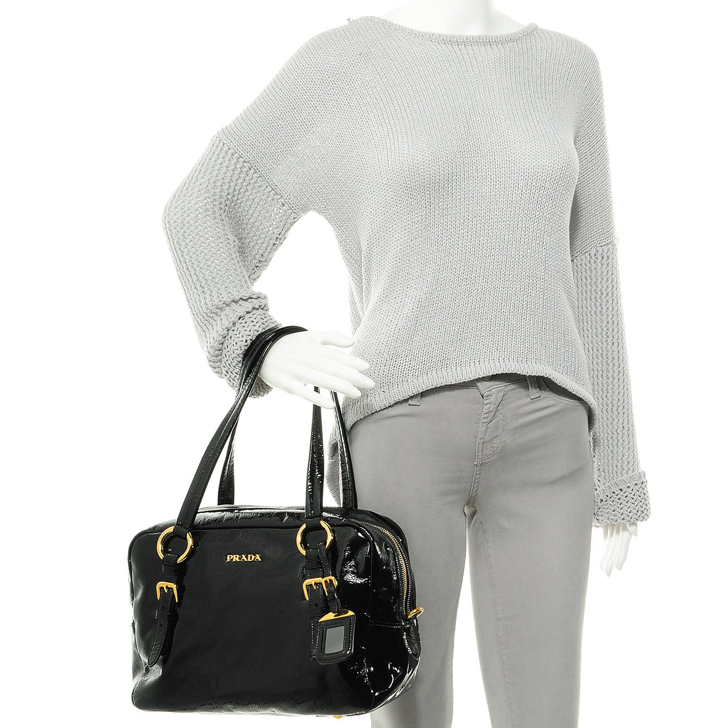 Vernice Zippers Shoulder Bag Black