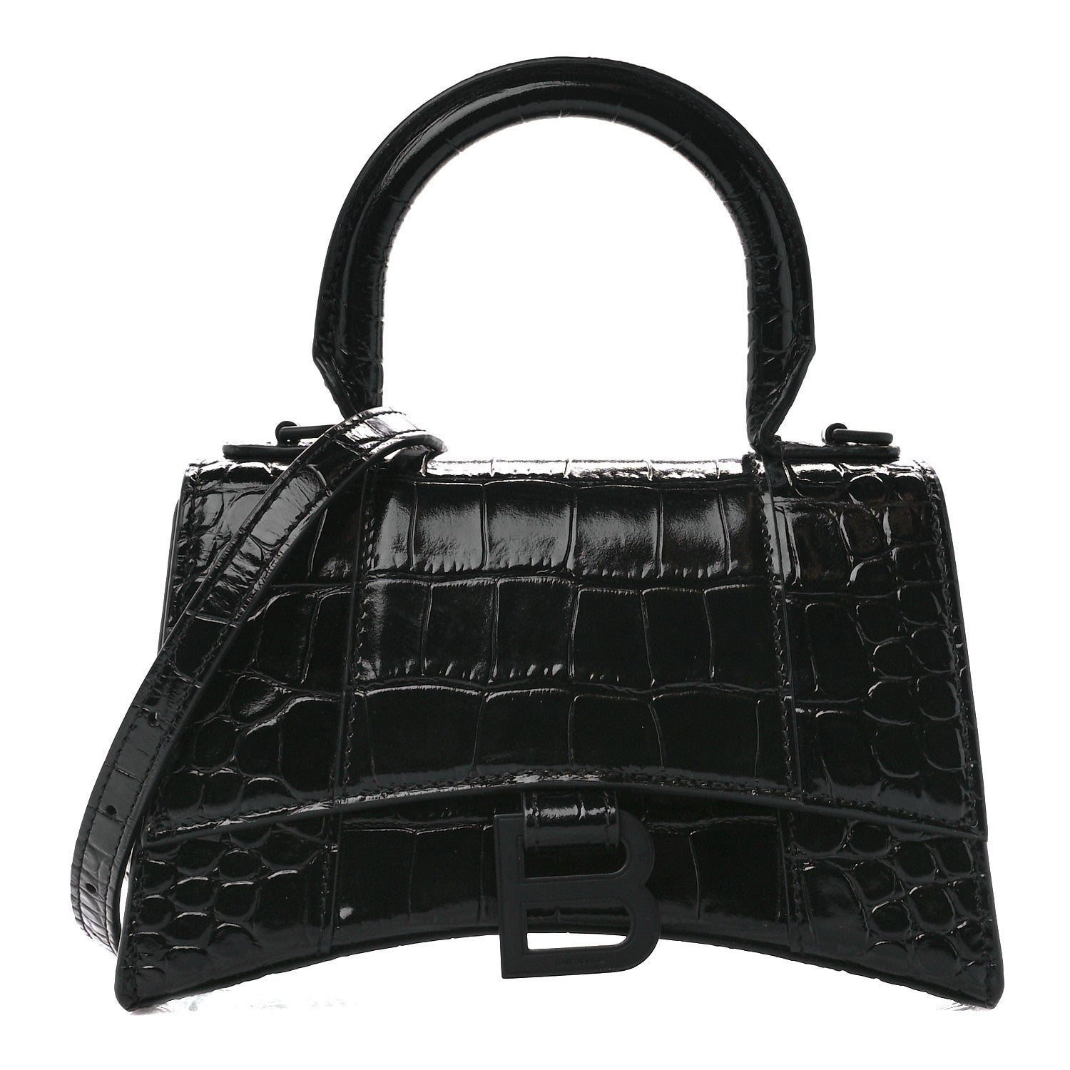 Balenciaga Shiny Calfskin Monochrome Crocodile Embossed Hourglass Top Handle Bag XS Black 1 of 10