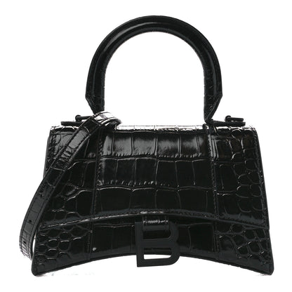 Balenciaga Shiny Calfskin Monochrome Crocodile Embossed Hourglass Top Handle Bag XS Black 1 of 10
