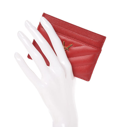 Saint Laurent Grain De Poudre Matelasse Chevron Monogram Credit Card Case Rouge Eros 2 of 8