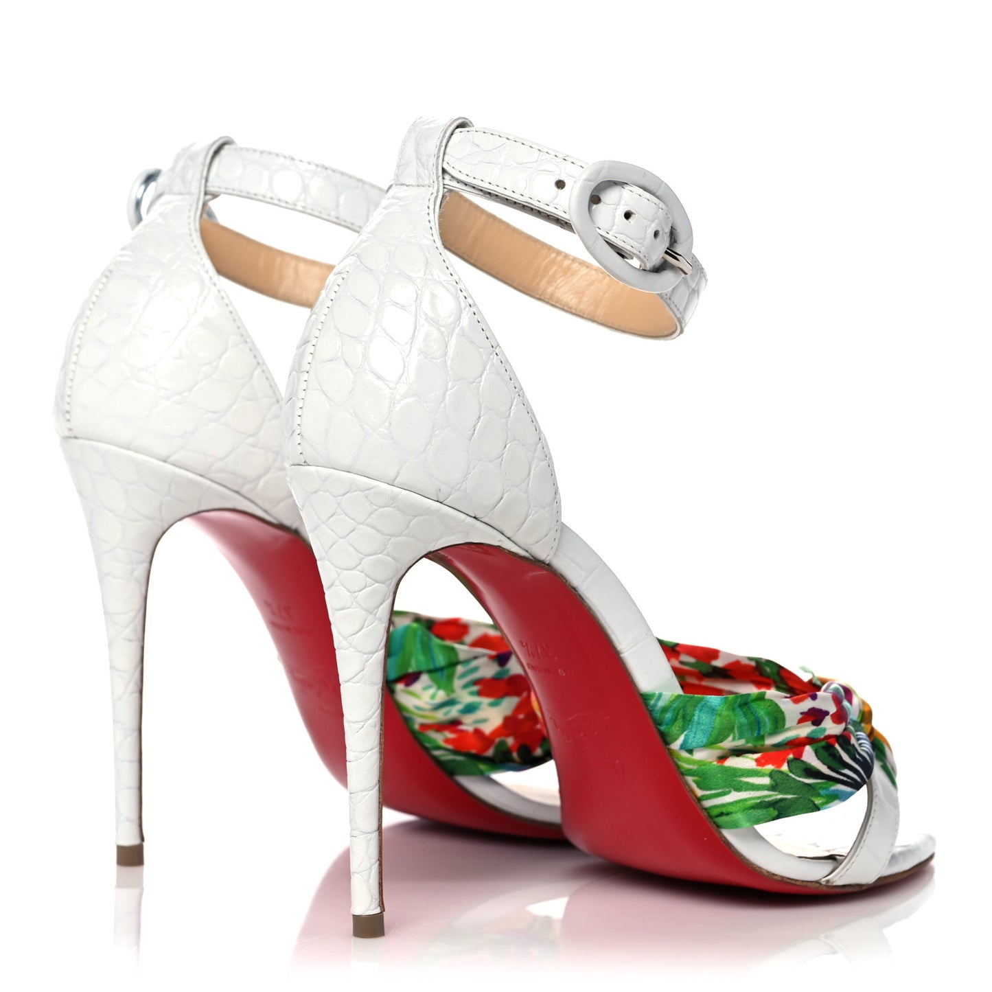 Crocodile Embossed Calfskin Silk Floral Ali 100 Pumps 37.5 White Ruban