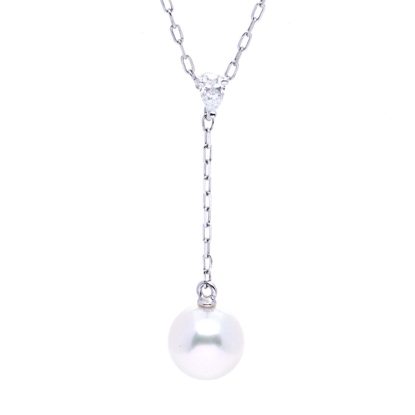 18K White Gold Akoya Pearl Diamond Drop Pendant Necklace